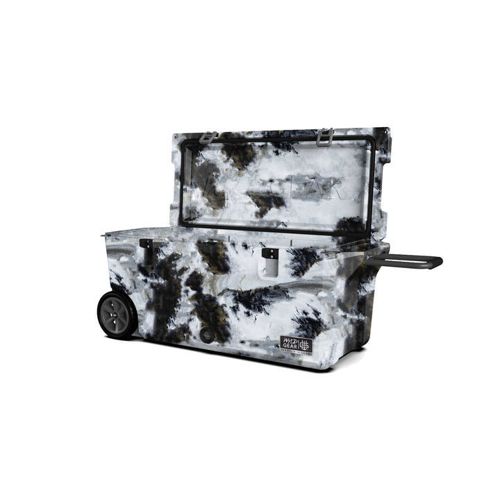 110 Quart Cooler Ice Chest With Wheels Wyld Gear black white and brown open