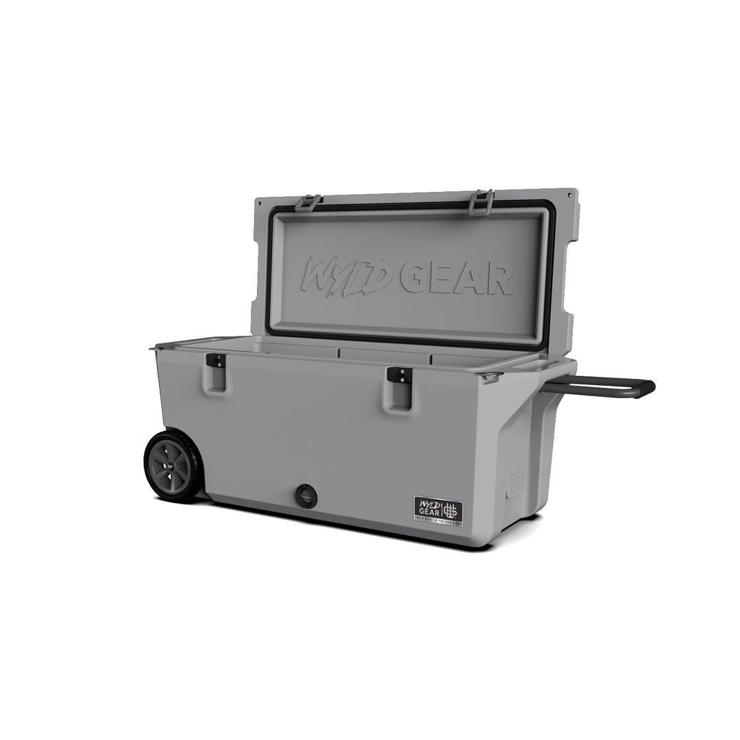 110 Quart Cooler Ice Chest With Wheels Wyld Gear grey open