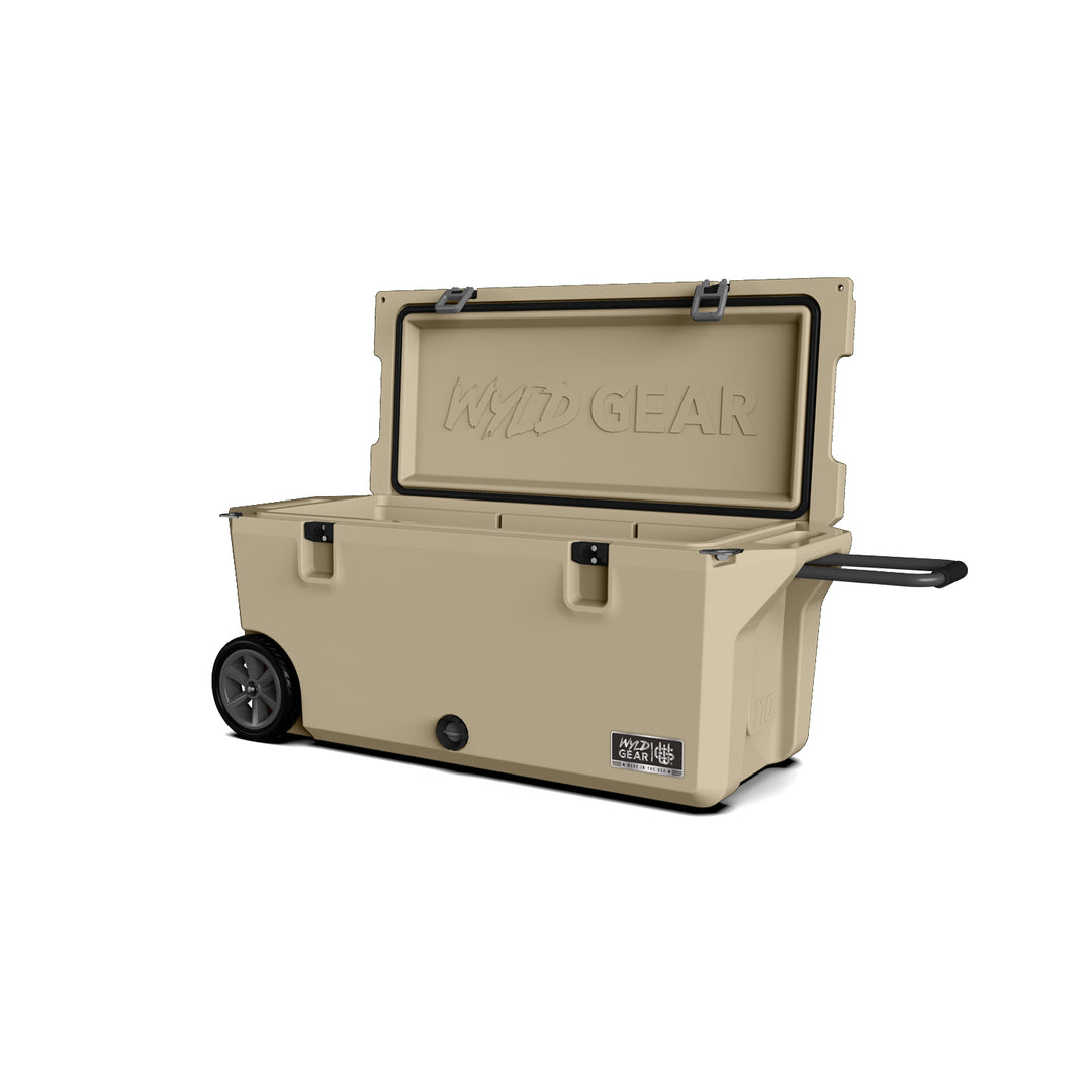 110 Quart Cooler Ice Chest With Wheels Wyld Gear tan open