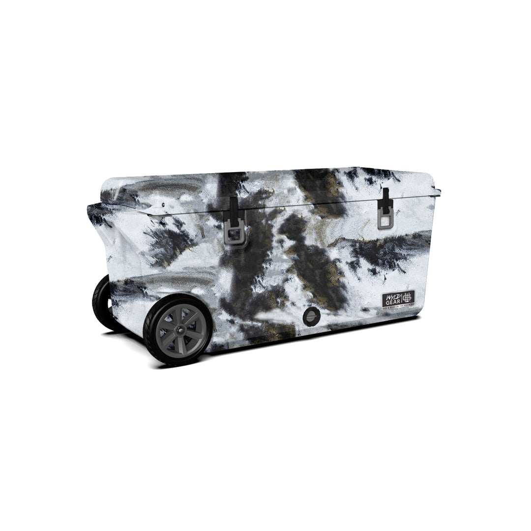 110 Quart Cooler Ice Chest With Wheels Wylde Gear white black brown side angle