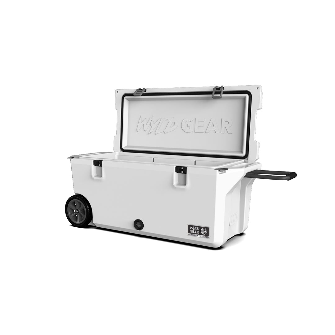 110 Quart Cooler Ice Chest With Wheels Wyld Gear white open