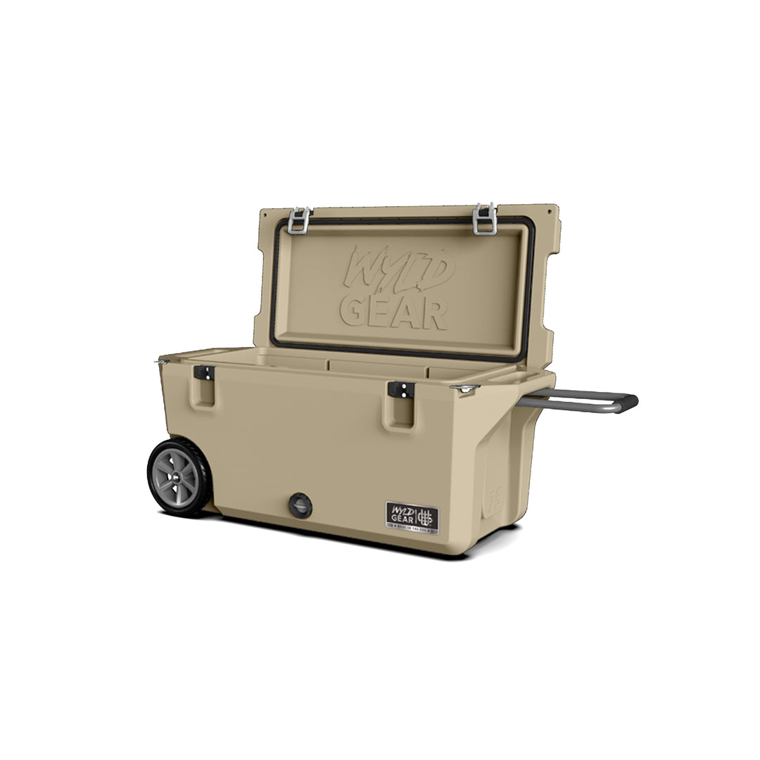 75 Quart Cooler Ice Chest With Wheels Wyld Gear tan open