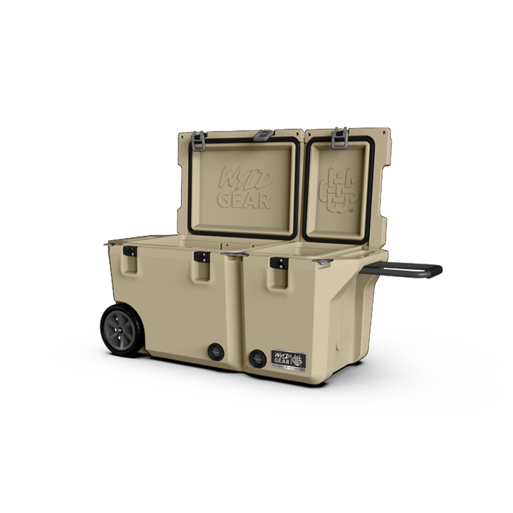 90 Quart Cooler Ice Chest With Wheels Wyld Gear tan open