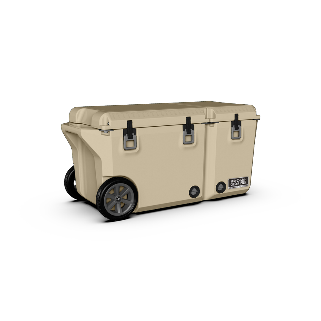 90 Quart Cooler Ice Chest With Wheels Wyld Gear tan side view